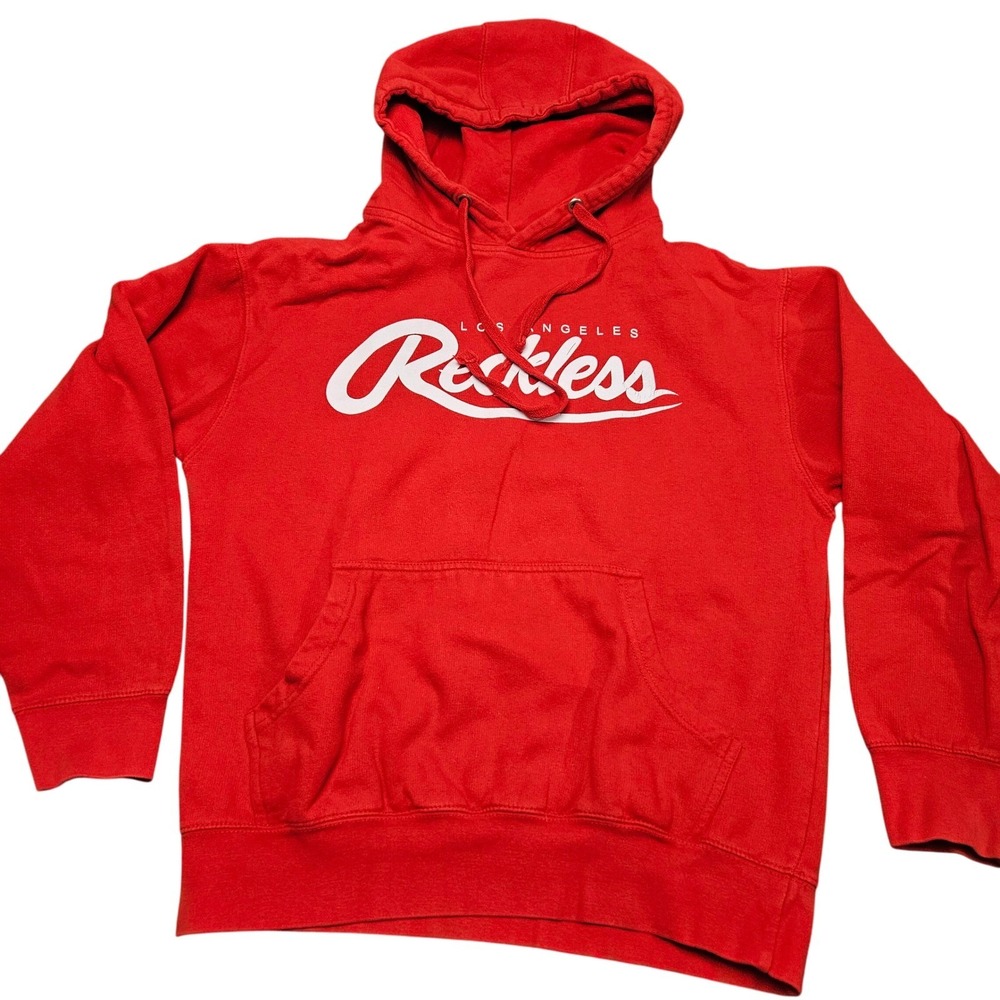 Young & Reckless Hoodie Mens Medium Red Los Angeles Script Logo Streetwear Sweat